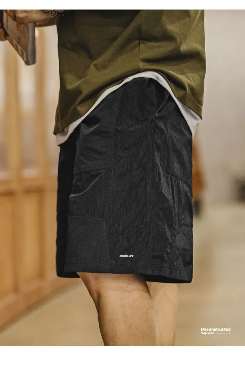 Outdoor Patchwork Black Shorts Men's Lightweight Quick-Dry Breathable Shorts with Elastic Waist Straight Leg Sport Pants