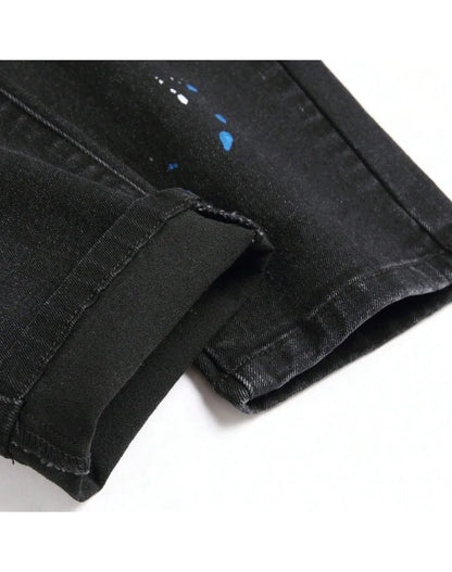 2025 Autumn New Stretch Jeans Fashionable Ripped Patchwork Slim European American Pants Male Paint Dot Hip Hop Denim Trousers