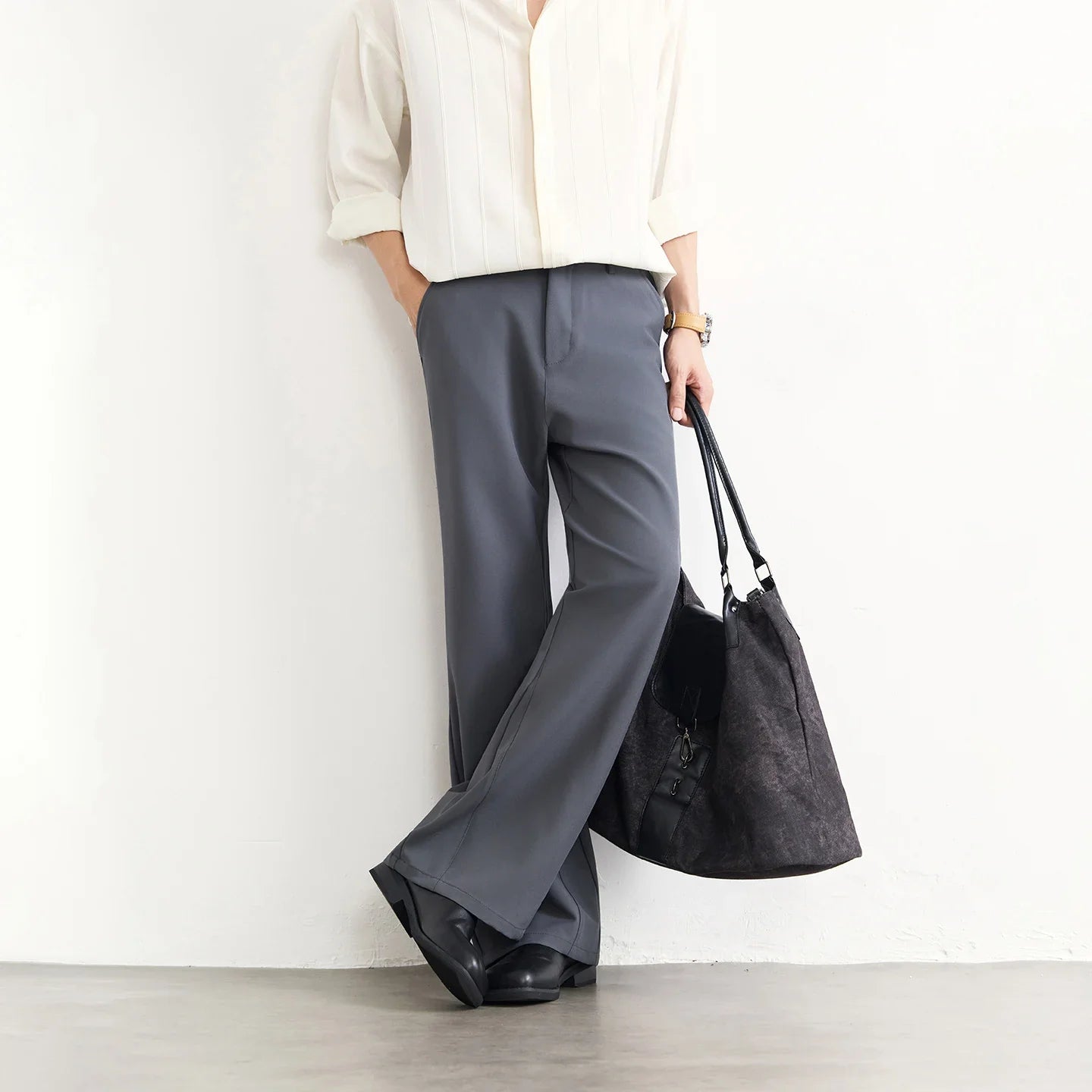 Black Business Suit Pants Men's Small Flared Elastic Comfortable Drape Loose Solid Color Office Casual Trousers Male Clothes