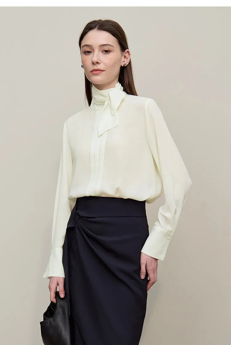 Women's Chiffon Blouse 2026 Autumn New Tie Neck Elegant Office Top French Style Stand Collar Flowy Shirt for Women 12641131