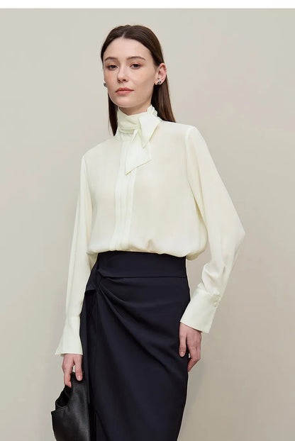 Women's Chiffon Blouse 2026 Autumn New Tie Neck Elegant Office Top French Style Stand Collar Flowy Shirt for Women 12641131