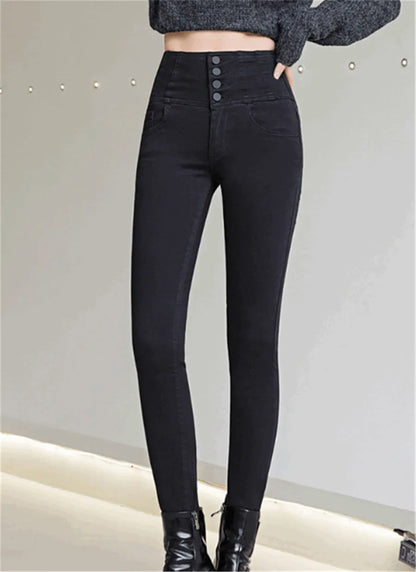 Button Fly Jeans High Waist Front for Women Tummy Control Stretch Denim Black Petite XS - 4XL Dress Pants With Pocket