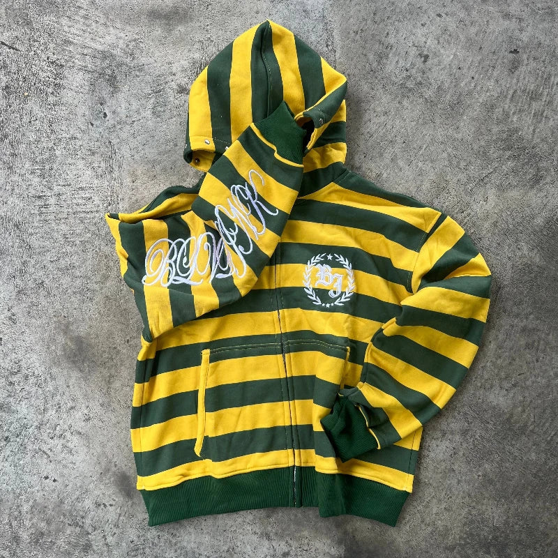 Y2K Street Kid Zip Up Hoodie Stripe Rivet Embroidery Pattern Sweatshirt New Men Hip Hop Fashion Streetwear Unisex Boxy Clothing