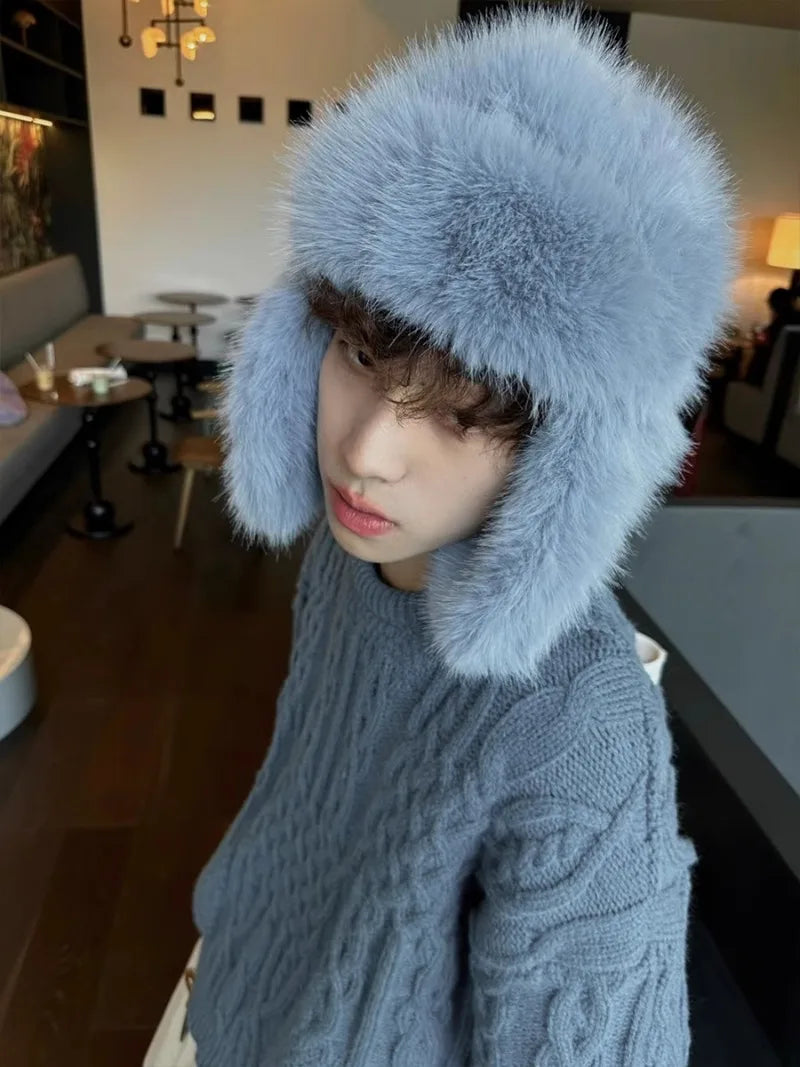 Fluffy Imitation Mink Fur Bomber Hats Men's Autumn and Winter Korean Version Plush Pilot Hat Female Ins Blogger Cycling Cold Hat