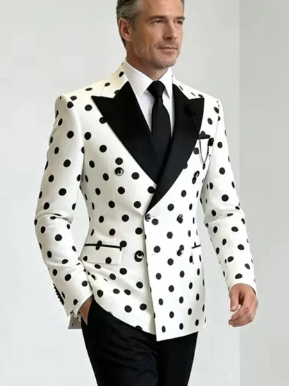 Men's Slim Fit White Black Polka Dot Double Breasted Blazer Satin Peak Lapel Suit Jacket For Formal Business Groom Wedding Party