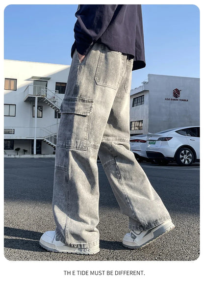 2025 new men's cement grey work jeans Y2K street hip-hop large pocket wide-leg straight jeans trousers jogging black light blue