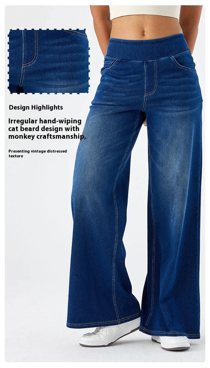 Women's New Large Size Denim Wide-Legged Trousers American High-Waisted Thin Straight Loose Casual Trousers Casual Jeans