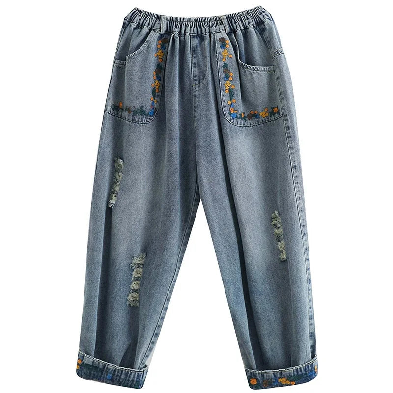 Summer New Sle Artistic Retro Embroidered Hole Denim Jeans Women's Slimming Versatile Elastic Waist Loose Harlan Dad Pants