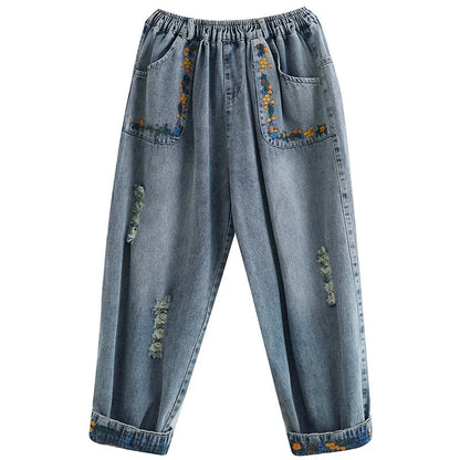 Summer New Sle Artistic Retro Embroidered Hole Denim Jeans Women's Slimming Versatile Elastic Waist Loose Harlan Dad Pants
