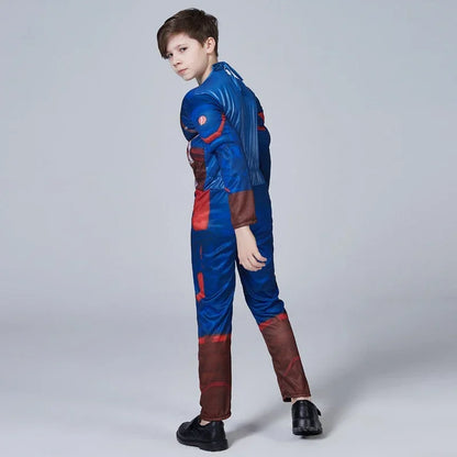 Kid Boys Captain America Muscle Costume Superhero Cosplay Jumpsuit  Halloween Carnival Party Birthday Dress Up Role Play Costume