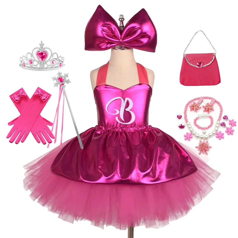 Princess Girls Rosy Knee Length Rose Red Tutu Dresses for Girl Letter B Birthday Party New Year Christmas Costumes Margot Robbie