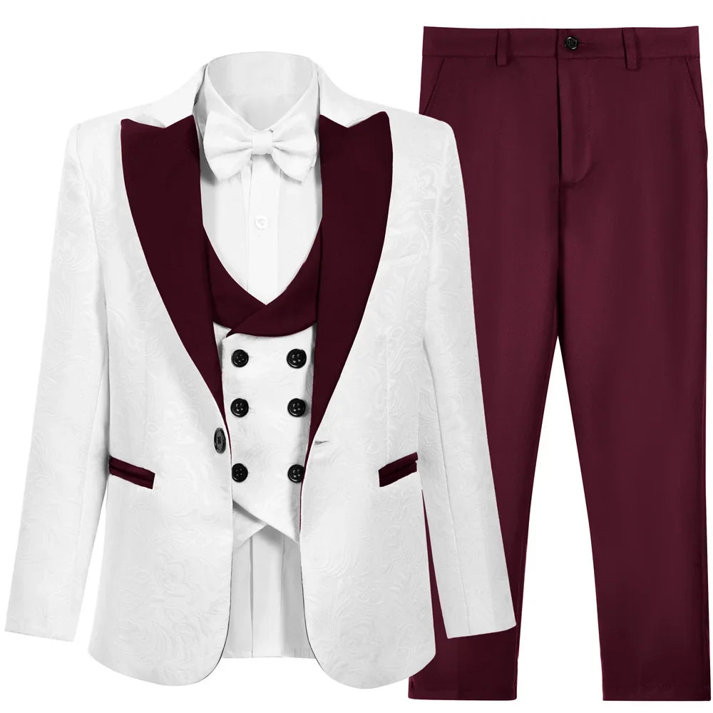 Hot Selling Stylish Paisley Jacquard Boys Formal Suit Set 3-14 Years 4 Piece Kids Wedding Tuxedo Elegant Blazer Vest Pants Bow