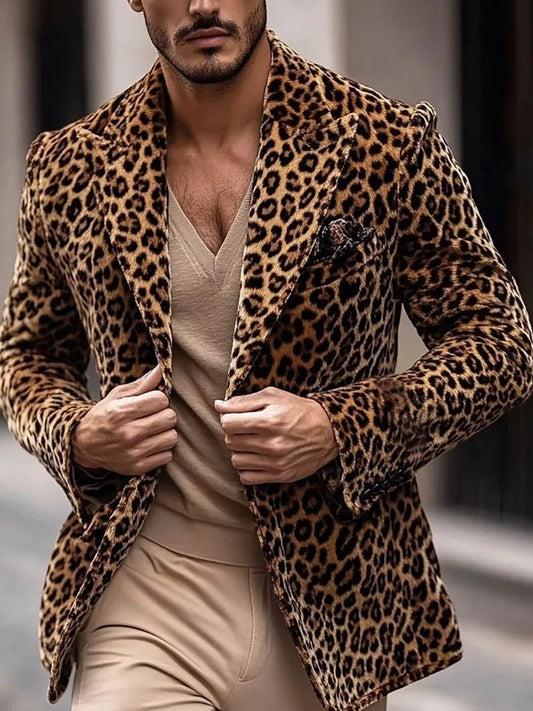 Men's Leopard Print Blazer Single Breasted Slim Fit Tuxedo Jacket Notch Lapel Fashion Party Prom Outerwear