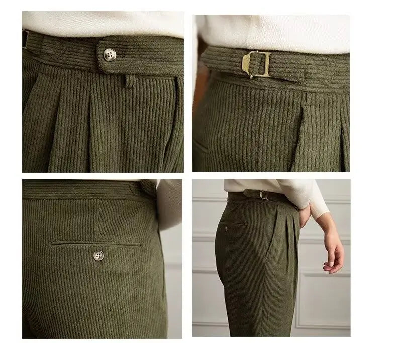 Classics Italian Naples Style Men's Suit Corduroy Pants Men High Waist Straight Work Formal British Business Brand Trousers Male