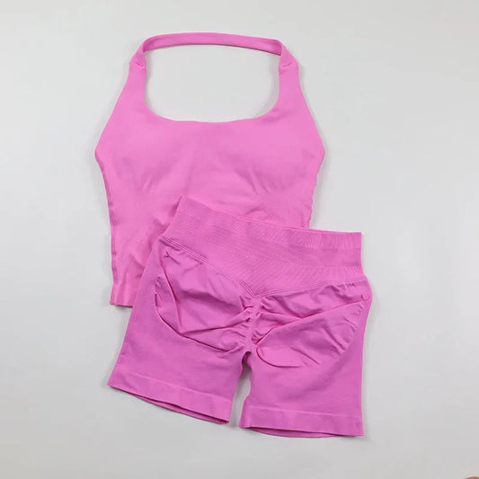 Seamless Yoga Set Womens Backless Halter Tank Top Ribbed Waist Gym Shorts 2 Piece Sets Women Outfit Workout Clothes