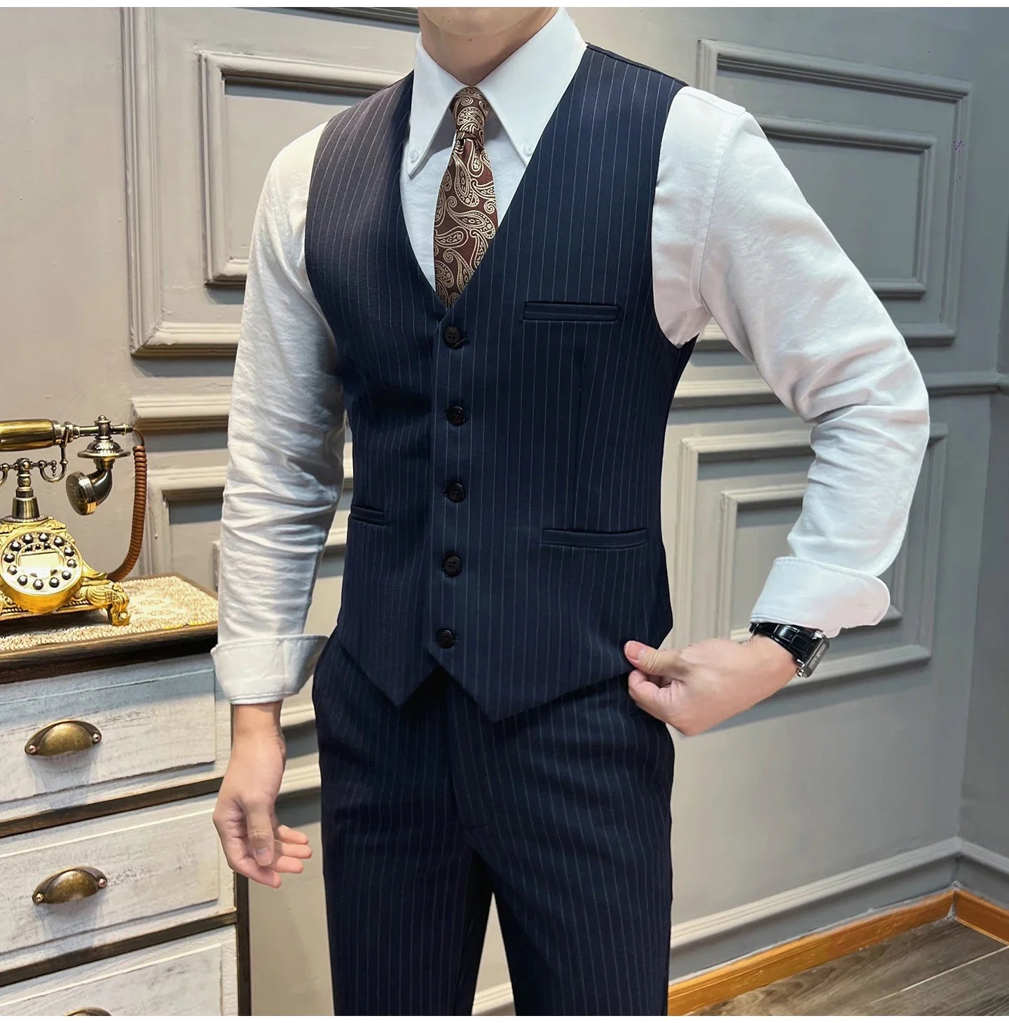 5XL-M( Vest + Pants) High-end Brand stripe Suit Vest 2 pieces Men Luxury Fashion Groom Wedding Vest Set Male Club Party Clothing