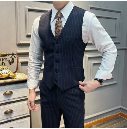 5XL-M( Vest + Pants) High-end Brand stripe Suit Vest 2 pieces Men Luxury Fashion Groom Wedding Vest Set Male Club Party Clothing