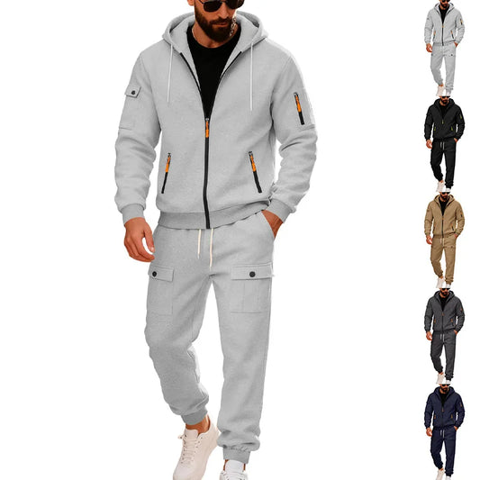 Autumn and winter men's velvet loose casual tooling outdoor sports fashion hooded sweater set