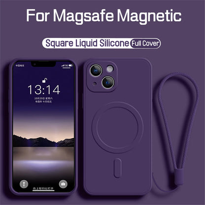 For Magsafe Magnetic Wireless Charge Case For iPhone 17 Air 16E 16 15 14 13 12 Pro Max Plus Liquid Silicone Strap Phone Cover