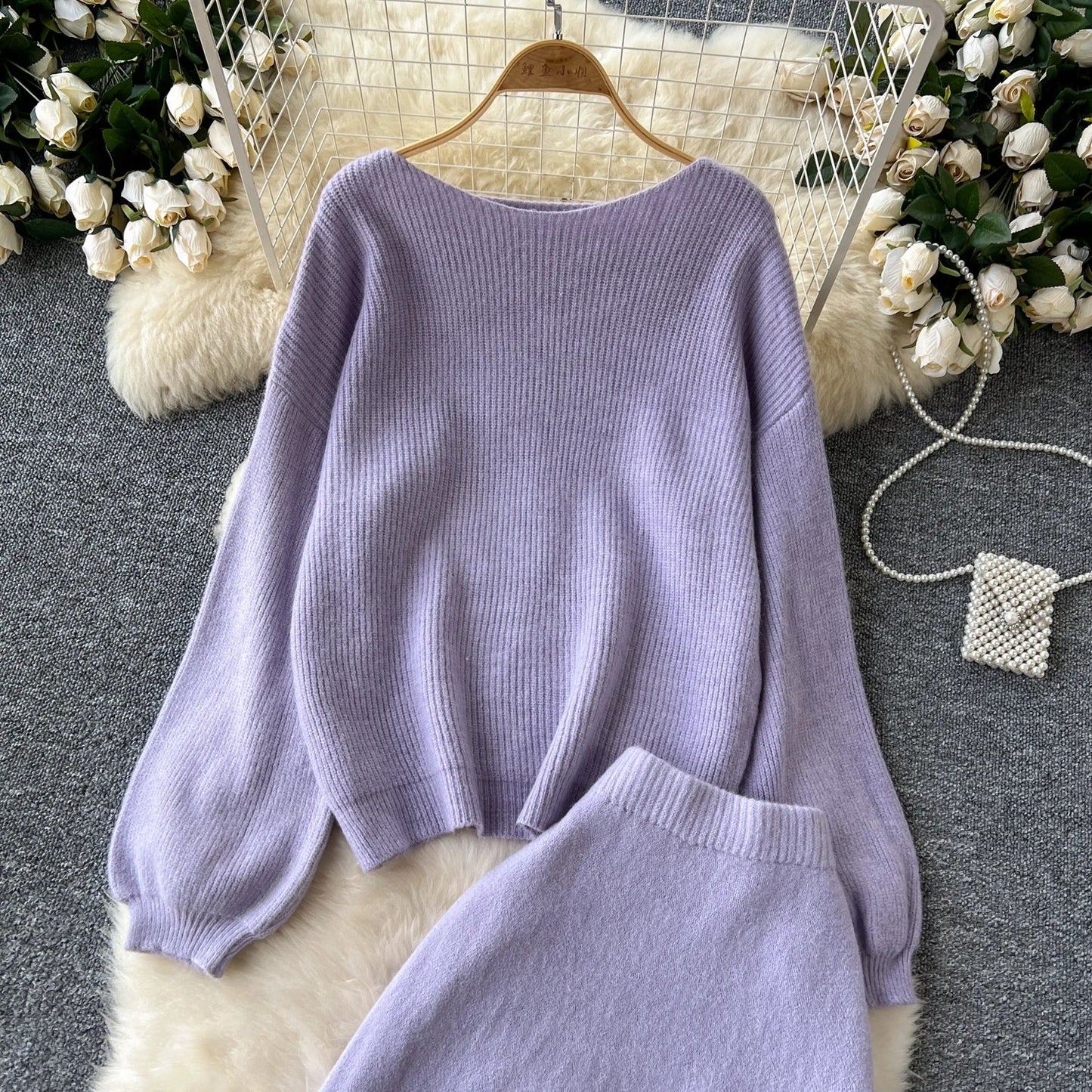 Autumn Casual Two Pieces Sets Women O-Neck Loose Knitting Top+Elastic Waist Large Swing Skirt Basic Korean Winter Sets