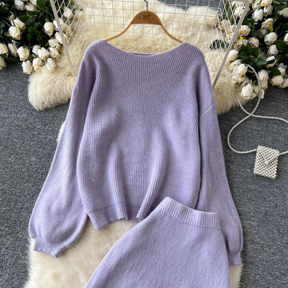 Autumn Casual Two Pieces Sets Women O-Neck Loose Knitting Top+Elastic Waist Large Swing Skirt Basic Korean Winter Sets