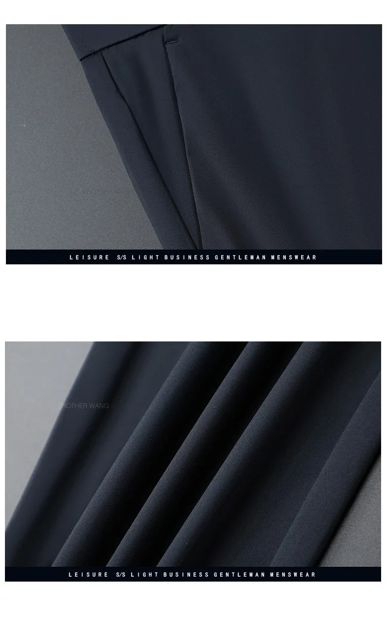 Ultra-thin Ice Silk Cool Men's  Casual Pants Summer New High Elasticity Quick-drying Drape Business Straight Trousers Black Gray