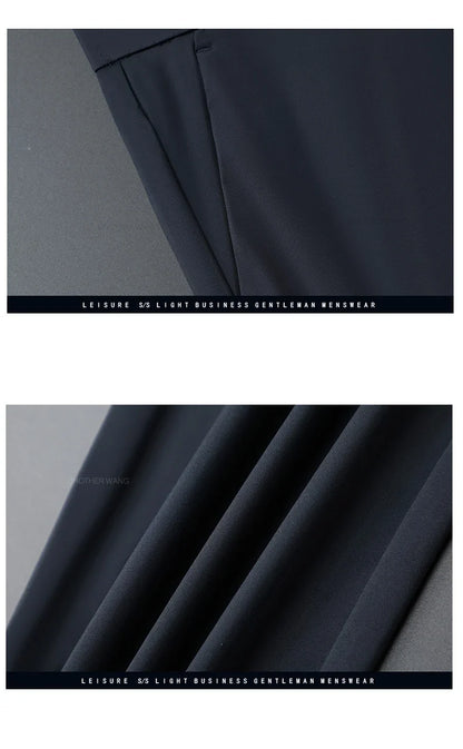 Ultra-thin Ice Silk Cool Men's  Casual Pants Summer New High Elasticity Quick-drying Drape Business Straight Trousers Black Gray