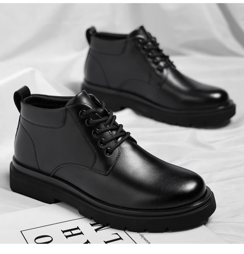 Mens Black Leather Lace Up Mid Top Boots Winter Warm Formal Business Office Wedding Shoes Black Work Boots Fashionable Dad Shoes