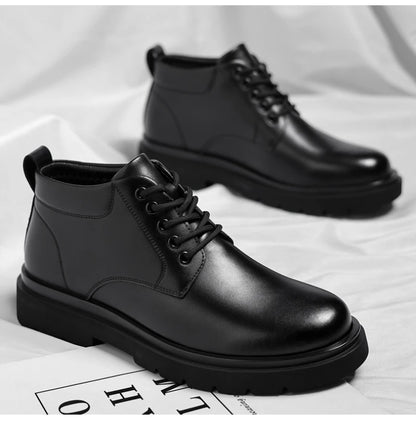 Mens Black Leather Lace Up Mid Top Boots Winter Warm Formal Business Office Wedding Shoes Black Work Boots Fashionable Dad Shoes