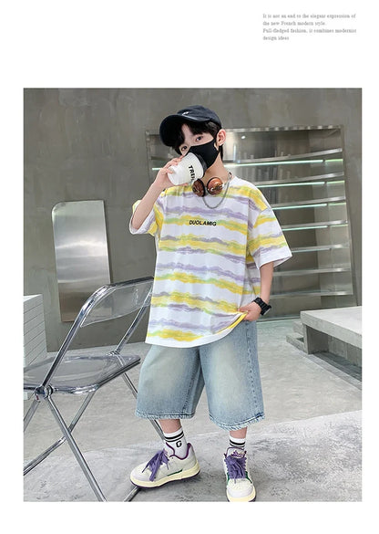 2025 New Arrival Summer Boy Clothing Set Yellow Stripe Tshirt + Denim Shorts Two Pieces Outfit Clothes Set for Kids Child 5-14T