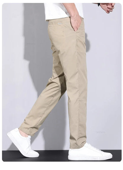 Ultra-thin Elastic Men's Casual Pants 2024 Summer Ice Silk Cotton Fashion Slim Straight Business Trousers Black Gray Khaki