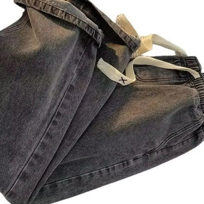 Spring and Autumn New American Drawstring Jeans for Men, Loose and Versatile Casual Pants, Trendy Washed Men's Pants