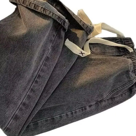 Spring and Autumn New American Drawstring Jeans for Men, Loose and Versatile Casual Pants, Trendy Washed Men's Pants