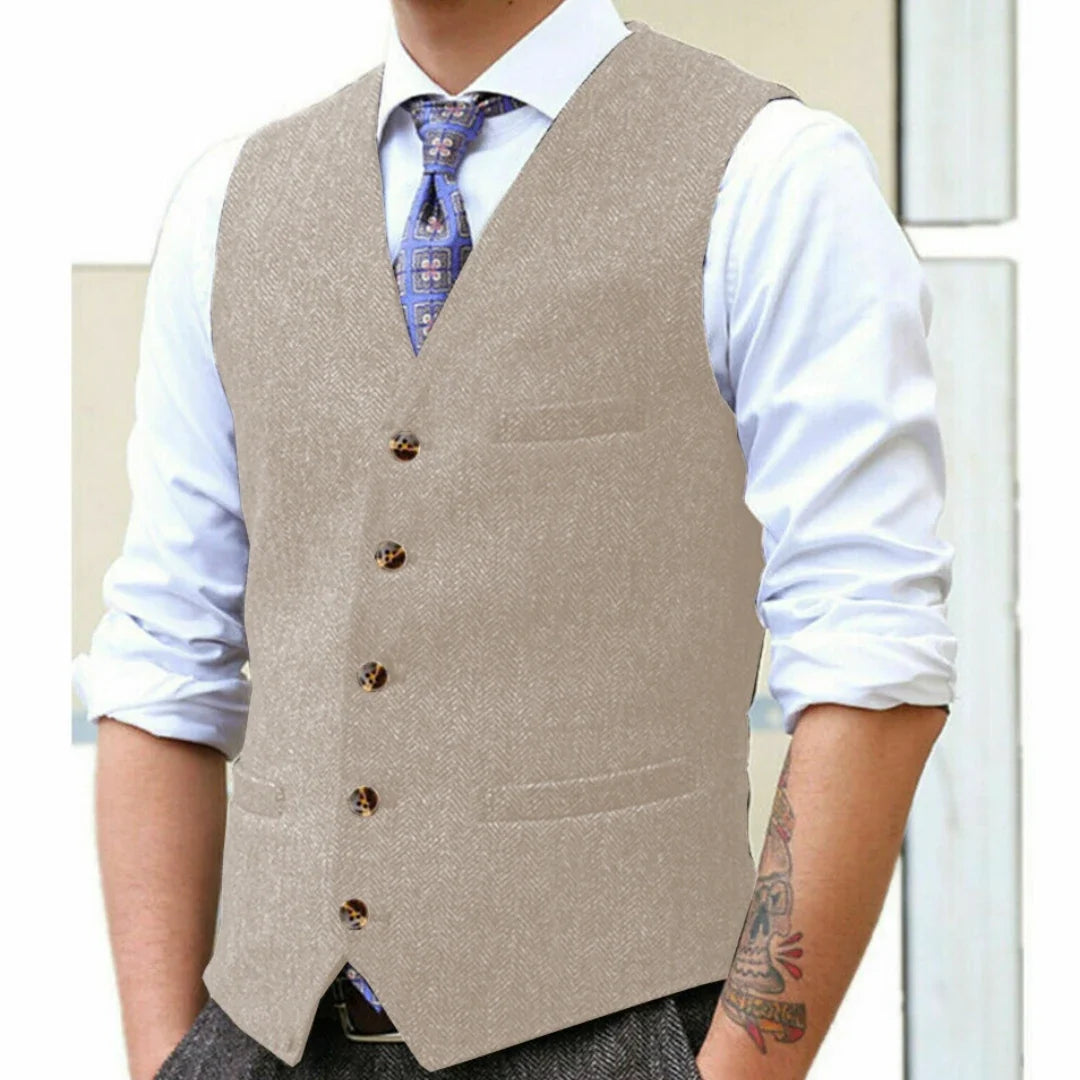 Men Vest Gray Herringbone Single Button With Pocket V Neck Waistcoat For Wedding Banquet Business Work Casual Daily Men Vest