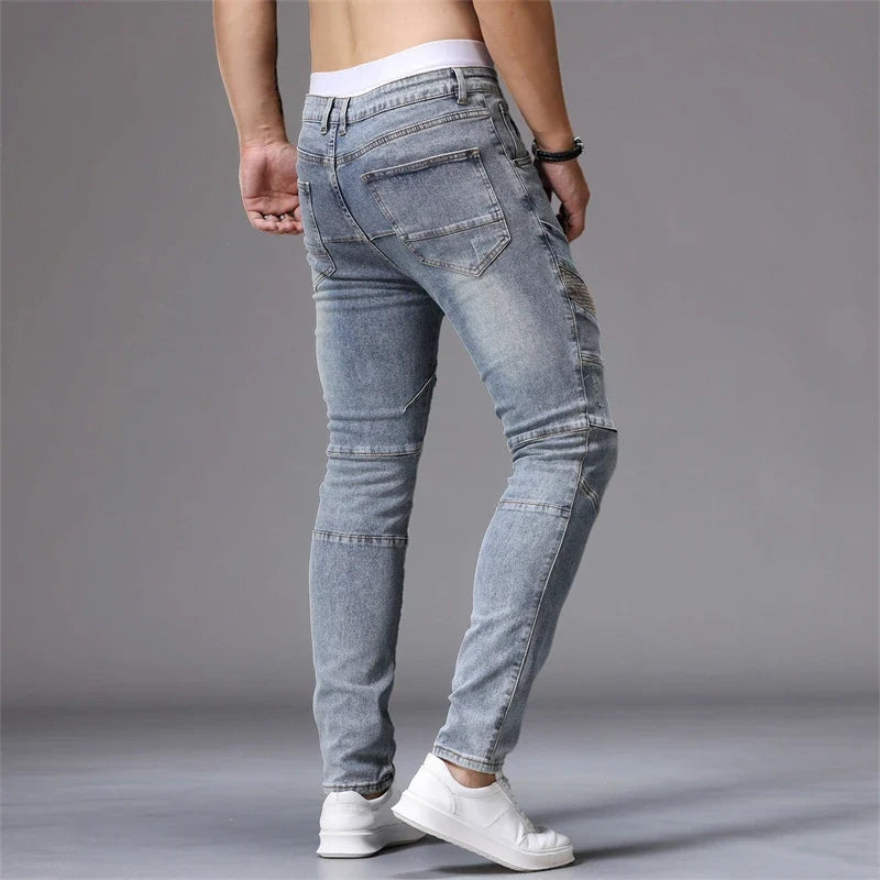 Men's Patchwork Skinny Ripped Jeans Fashion Trousers Elastic Slim Hole Biker Denim Pants Hip-hop Rock American Streetwear