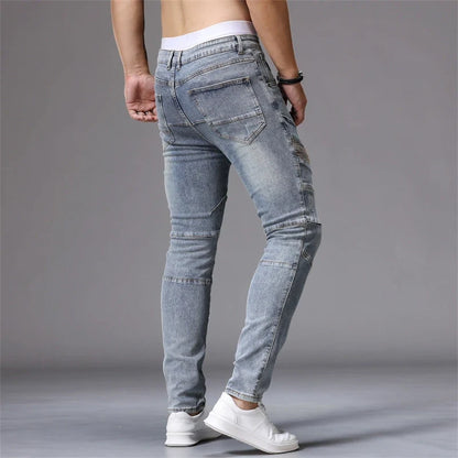 Men's Patchwork Skinny Ripped Jeans Fashion Trousers Elastic Slim Hole Biker Denim Pants Hip-hop Rock American Streetwear