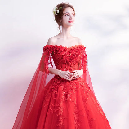 Long Wrap Red Of Shoulder Lady Girl Women Prom Dress Party Evening Dress Performance Dress Wedding Sand Bridesmaid Guest Dress