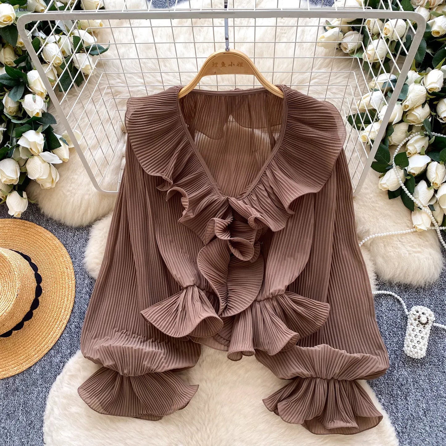 Ruffles Pleated Romantic Tops Thin Spring Summer V Neck French Elegant Blouse Fairycore Flowy Office Lady Luxury Shirt