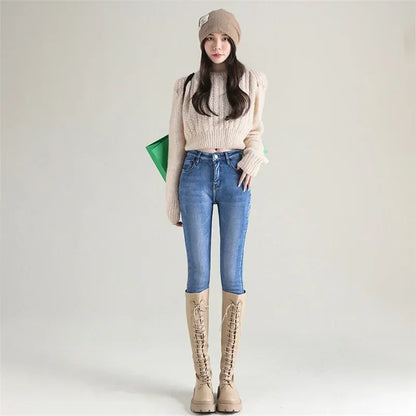 Winter Lady Thermal Plush Jeans Snow Warm Stretch Jeans Hot Sale High Waist Fleece Pants Female Straight Leg Denim Trousers