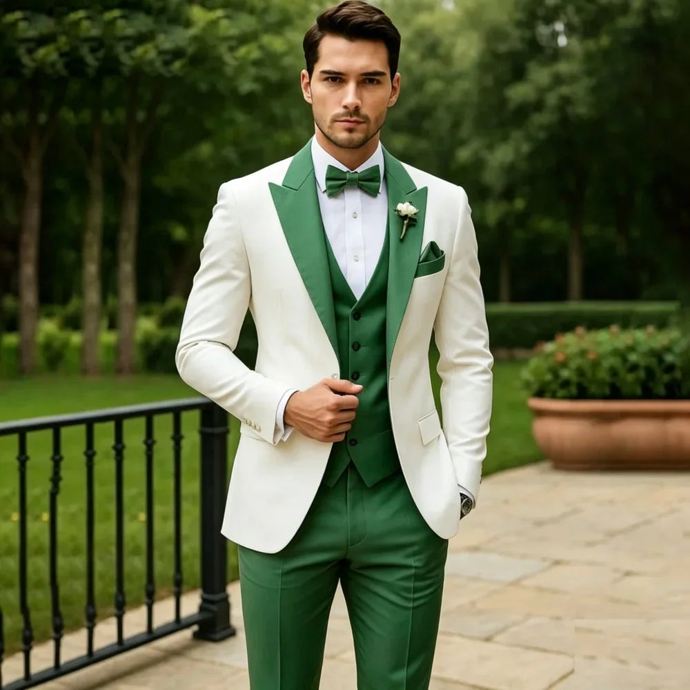 3 Pieces Wedding Tuxedo for Groom Sage Green Slim Fit Formal Men Suits Elegant Blazer Vest Pants Set for Prom Party Ceremony