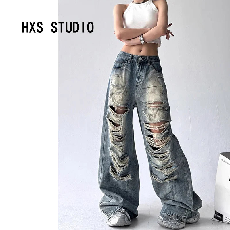 American Sle Trendy Girl Destroyed Denim Jeans Women Loose Wide Leg Straight Cut Floor-Length Pants High Waist Casual Jeans