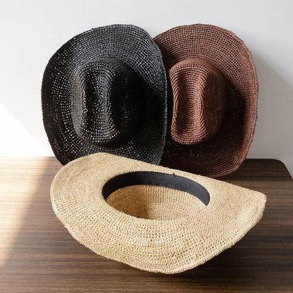 Hand-crocheted Natural Raffia Straw Cowboy Hat for Women Men Summer Wide Brim Sun Hat Outdoor Breathable Beach Caps