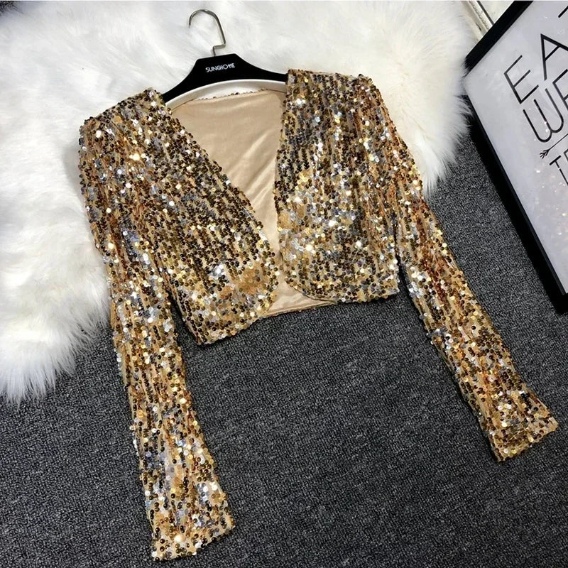 Street Fashion Joker Short Edition Sequins Small Suit Sparkling Bead Piece Suit Small Jacket Tank Top Jazz Dance Performance