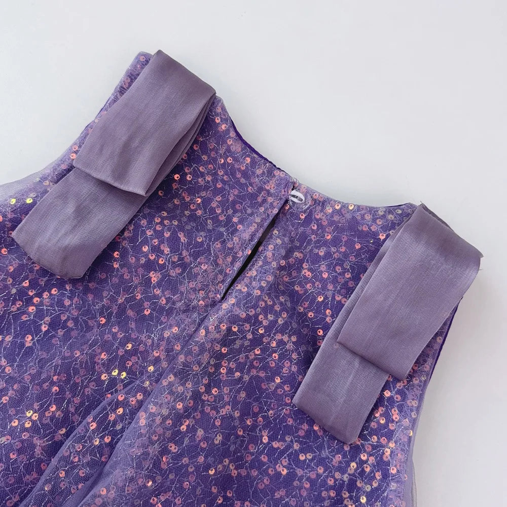 Summer New Girls' Sequined Lace Bow Bubble Princess Dress Korean Version Fashionable Solid Color Kids Clothes 2-7 Years Old