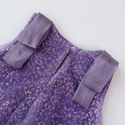 Summer New Girls' Sequined Lace Bow Bubble Princess Dress Korean Version Fashionable Solid Color Kids Clothes 2-7 Years Old