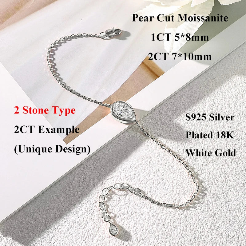 1/2CT Marquise Pear Cut Moissanite Solitaire Link Bracelet Women s925 Silver Bezel Setting Lab Diamond Bridal Wrist Chain