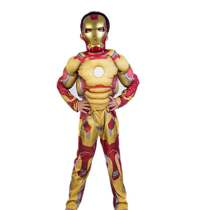 Kids Yellow Iron  Costume Superhero Muscle Suit with Mask Role Play Costume for Halloween Christmas Party Performance