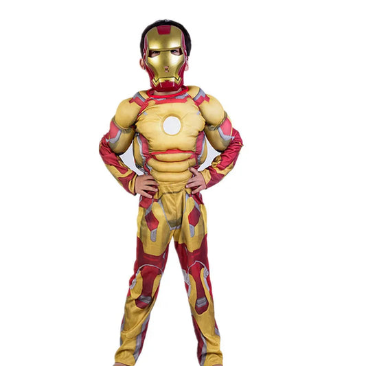 Kids Yellow Iron  Costume Superhero Muscle Suit with Mask Role Play Costume for Halloween Christmas Party Performance