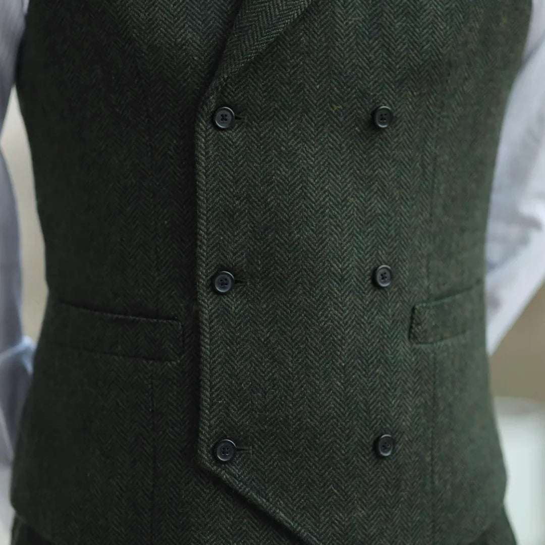 Men Vest Army Green Herringbone Double Button With Lapel Waistcoat For Wedding Business Office Work Daily Casual Men Suit Vest