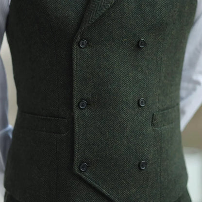 Men Vest Army Green Herringbone Double Button With Lapel Waistcoat For Wedding Business Office Work Daily Casual Men Suit Vest